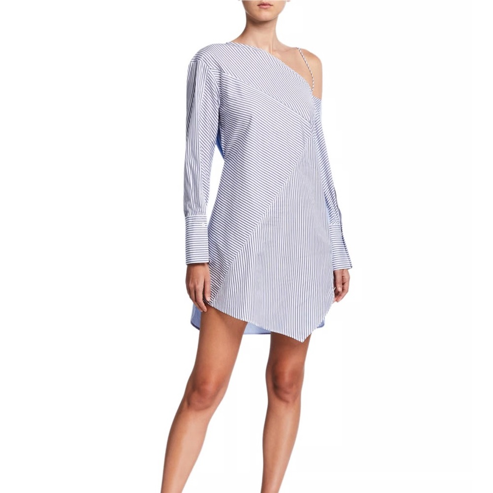 3.1 Phillip Lim Blue and White Striped One-Shoulder Long Sleeve Dress